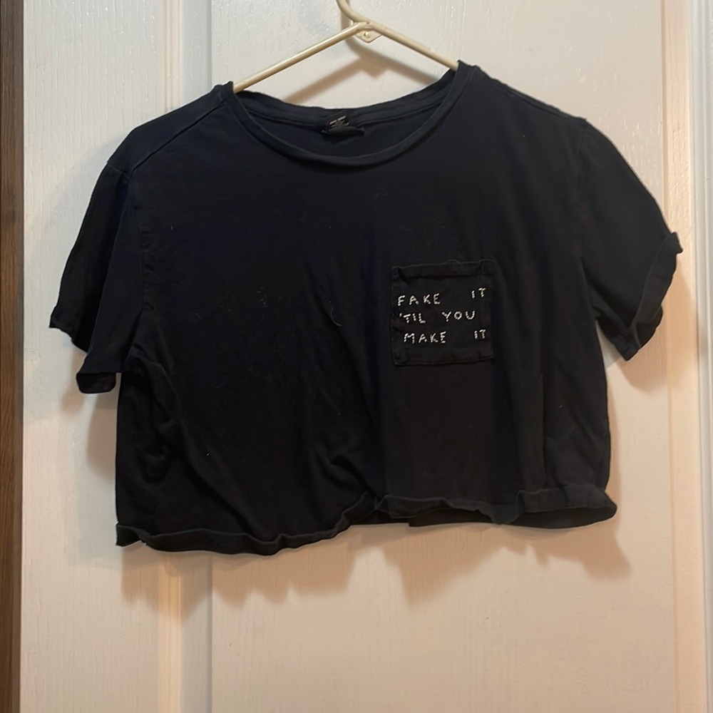 XS black and white text baggy crop top from Rue21.